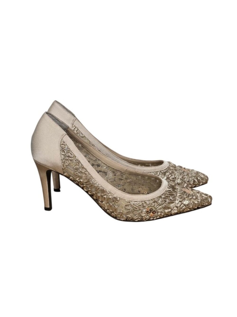 J Renee Camilla Pumps 9M Beige Ribbon Trim Heels Church Classic Wedding Formal